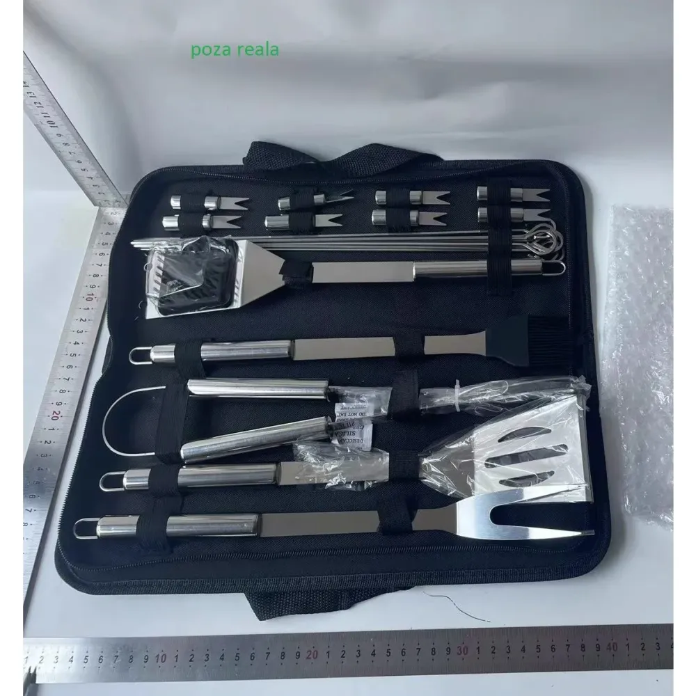 Set 20 Ustensile pentru Gratar, Vivimall, din Otel Inoxidabil, Geanta Oxford, Argintiu