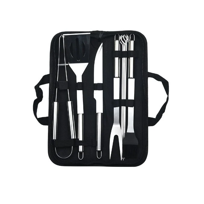 Set 9 Ustensile pentru Gratar, Vivimall, din Otel Inoxidabil, Geanta Oxford, Argintiu