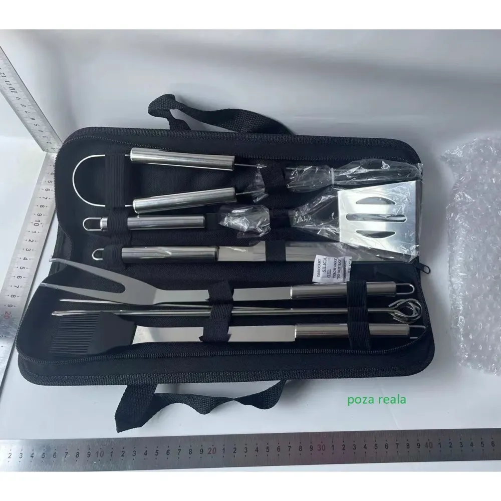 Set 9 Ustensile pentru Gratar, Vivimall, din Otel Inoxidabil, Geanta Oxford, Argintiu