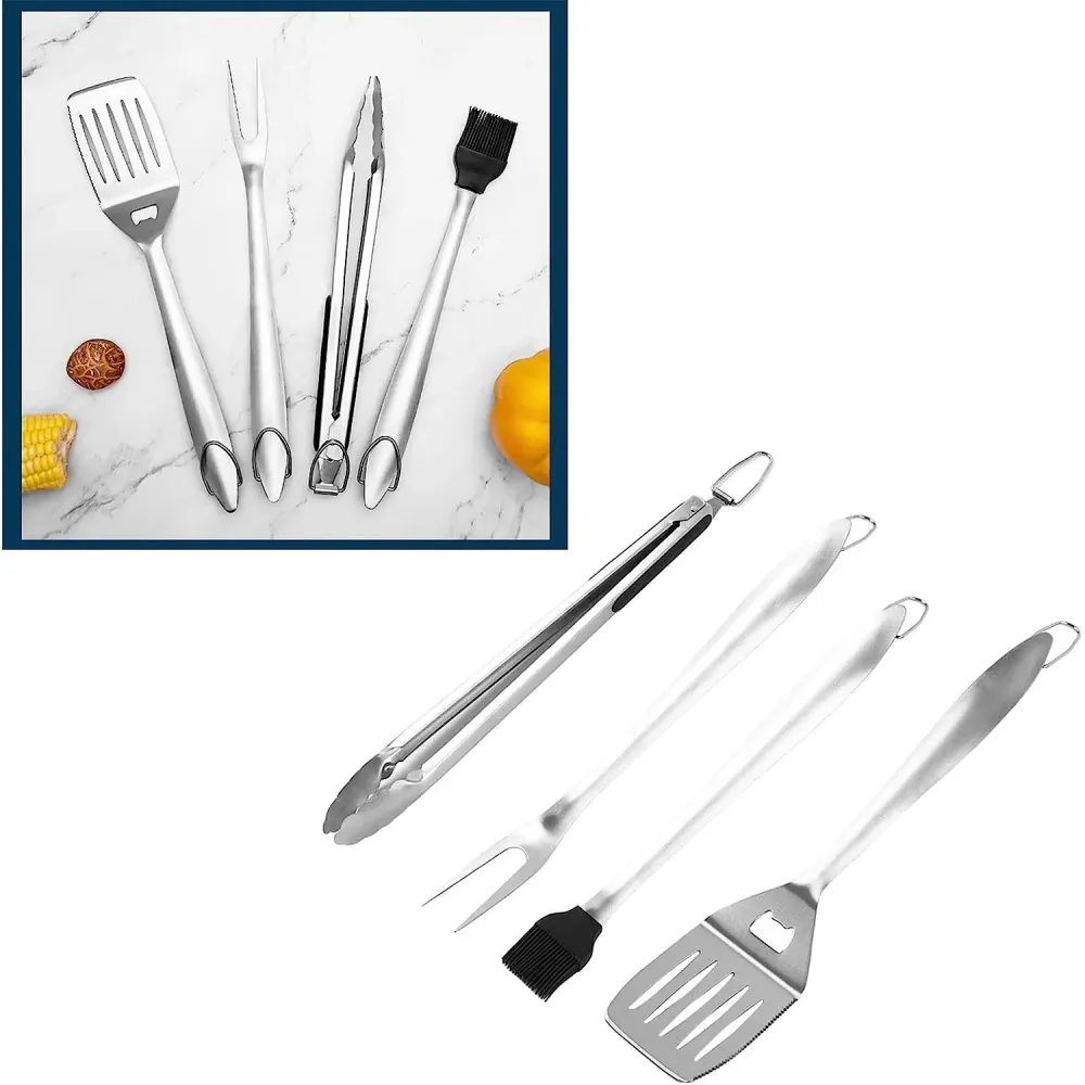 Set 4 ustensile pentru gratar Vivimall, din otel inoxidabil, cu agatatoare, rezistente la temperaturi ridicate, argintiu