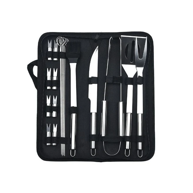 Set 18 Ustensile pentru Gratar, Vivimall, din Otel Inoxidabil, Geanta Oxford, Argintiu