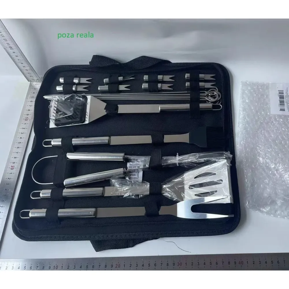 Set 18 Ustensile pentru Gratar, Vivimall, din Otel Inoxidabil, Geanta Oxford, Argintiu