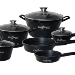 Set 10 Vase de Gătit Cheffinger, Aluminiu Turnat, Acoperire Marmurată Antiaderentă, Capace Sticlă, Compatibil Inducție / G...