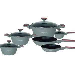 Set 10 Vase de Gătit Cheffinger, Aluminiu Turnat, Acoperire Marmurată Antiaderentă, Capace Sticlă, Compatibil Inducție Gaz...