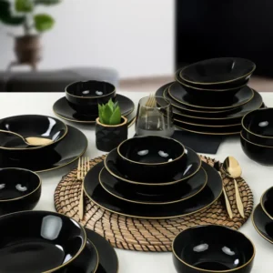 Set Vesela 24 Piese, Asi Home Ty Black, Ceramica, Negru/Auriu