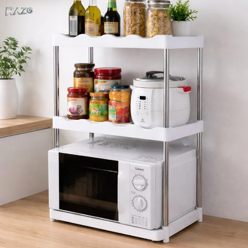 Suport organizator bucatarie RAZO, 2 etajere pentru cuptorul cu microunde, Raft suprapus, Plastic-otel inoxidabil, Montaj...