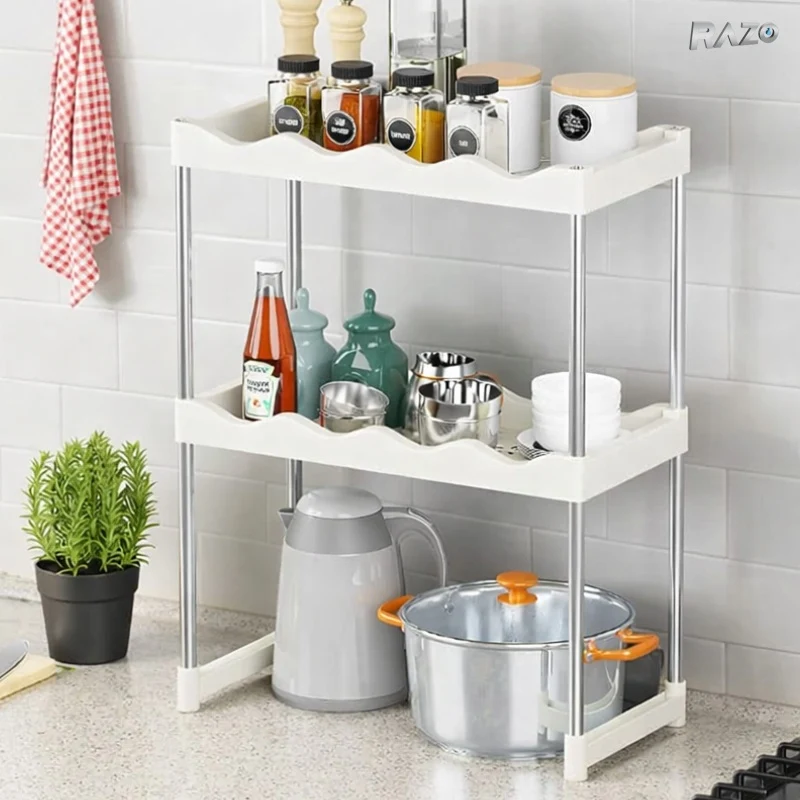 Suport organizator bucatarie RAZO, 2 etajere pentru cuptorul cu microunde, Raft suprapus, Plastic-otel inoxidabil, Montaj...