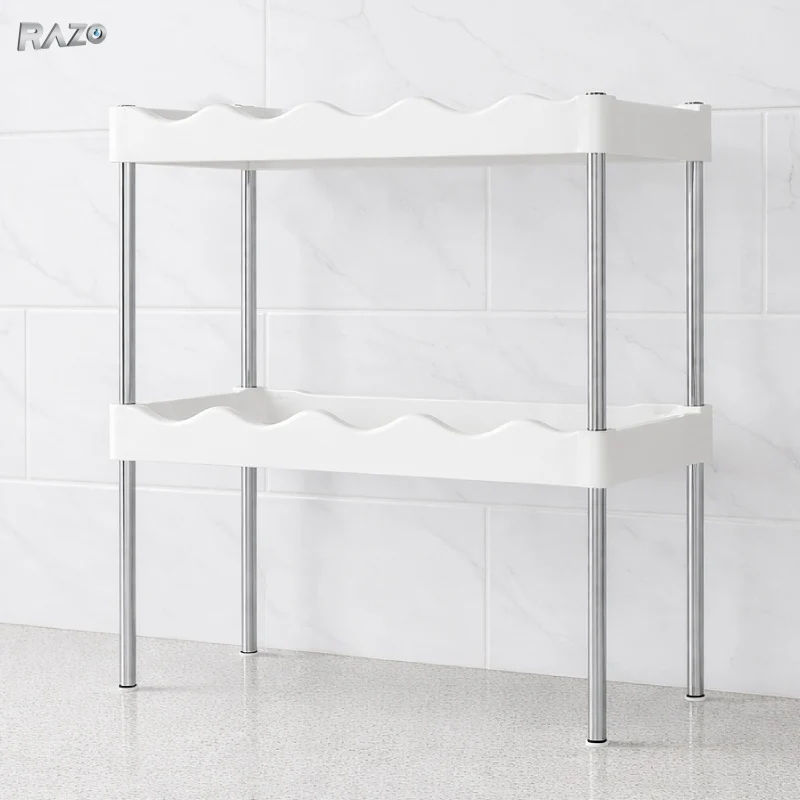 Suport organizator bucatarie RAZO, 2 etajere pentru cuptorul cu microunde, Raft suprapus, Plastic-otel inoxidabil, Montaj...