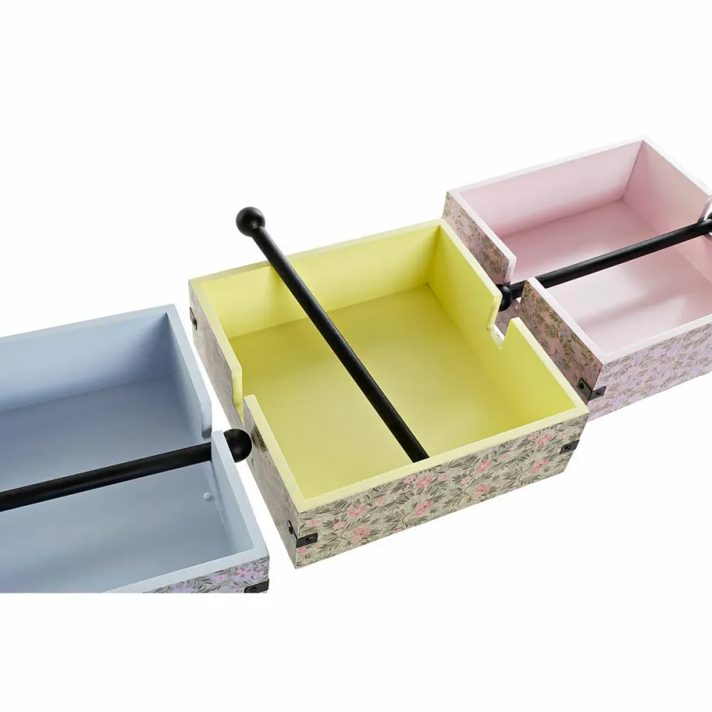 Suport pentru Șervețele DKD Home Decor Albastru Verde Roz Metal Lemn MDF 3 Piese 22 x 18 x 6 cm