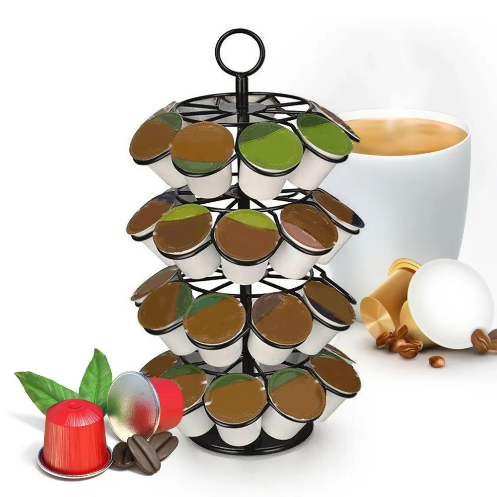 Suport rotativ 36 capsule, model brad de Craciun, 2 1, Dolce Gusto, otel inoxidabil, 28.5 x 12.5 cm, negru