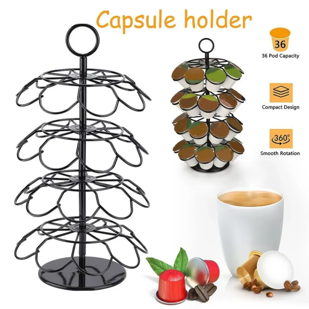 Suport rotativ 36 capsule, model brad de Craciun, 2 1, Dolce Gusto, otel inoxidabil, 28.5 x 12.5 cm, negru