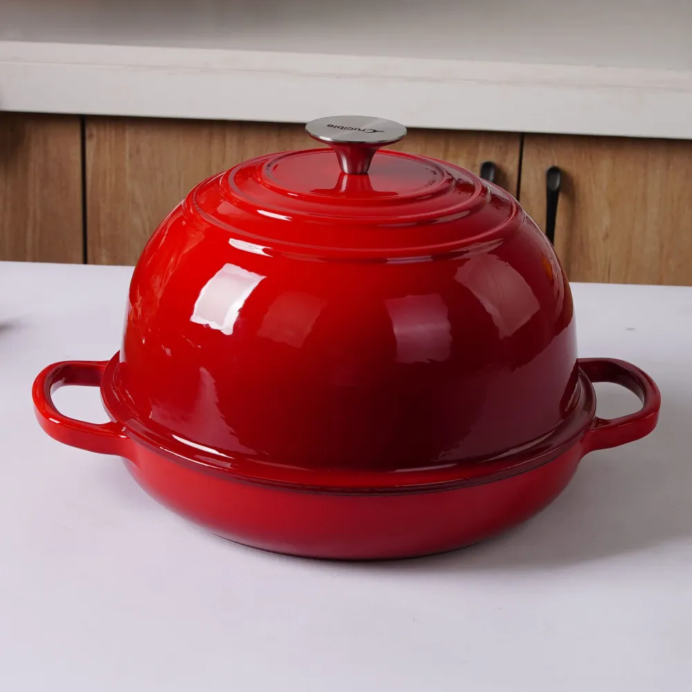 Tavă de pâine din fontă emailată, pâine artizanală cu aluat acru pentru cuptor – Roșu – Rotund 26 cm, 6,25 L (6,6 qt) – Ca...