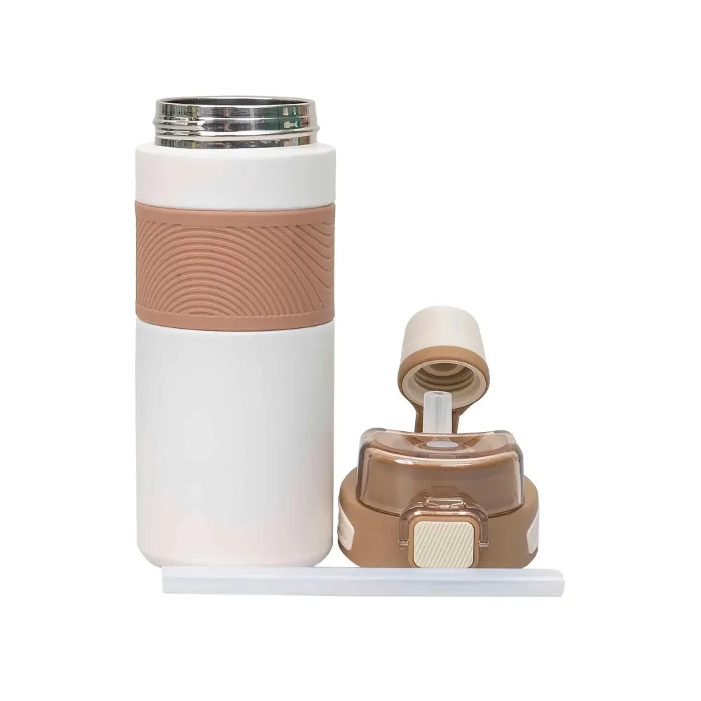 Termos 2 1, interior inox, capacitate 600ml, model cu pai, alb / ZTS 8443