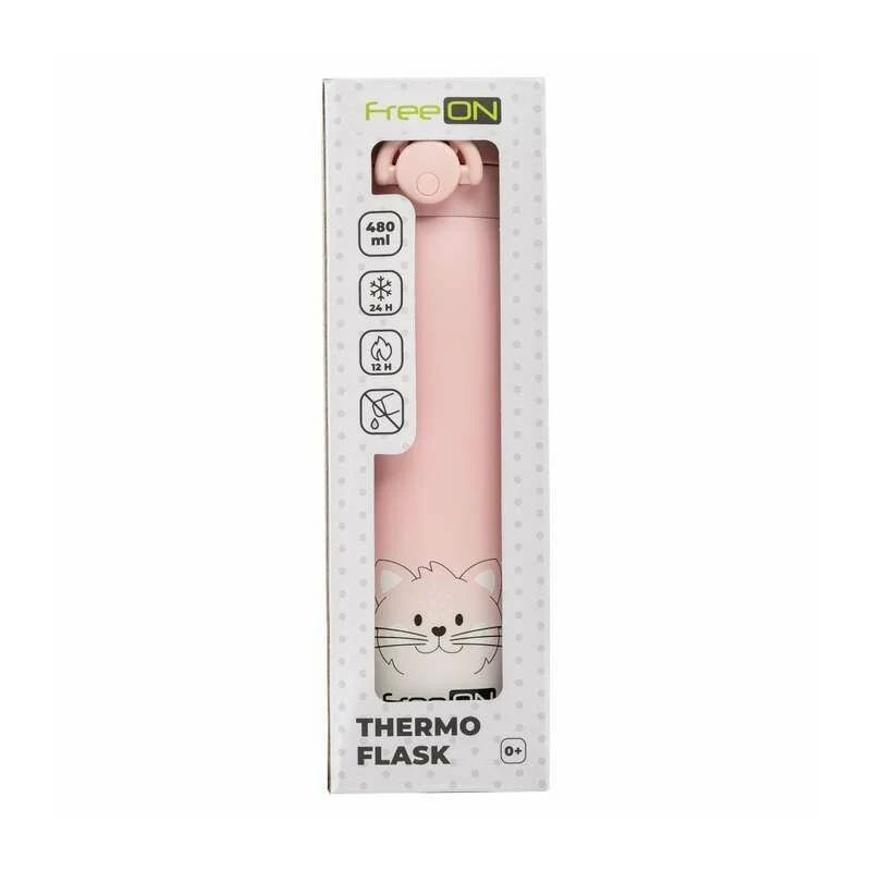 Termos lichide, FreeON, Din otel inoxidabil, Cu mentinere de temperatura de pana la 12 ore, 480 ml, Pink