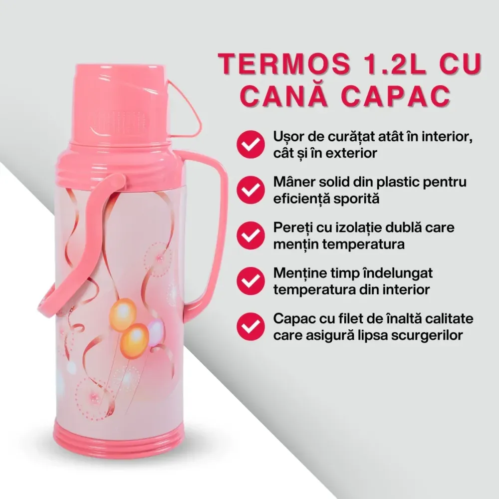 Termos, Naimeed D6420, pentru bauturi reci sau calde, Sticla si ABS, 1.2L, Roz, 120x340x170mm