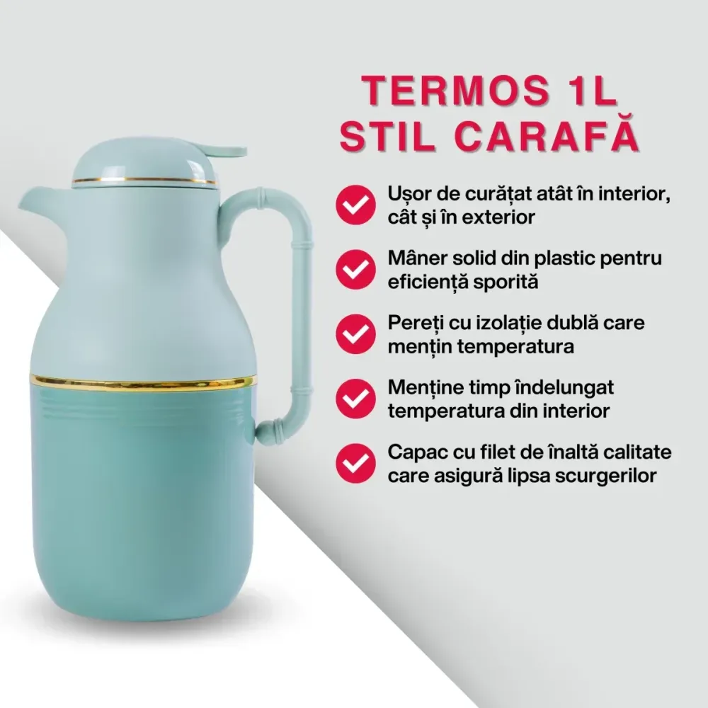 Termos, Naimeed D6427, pentru bauturi reci sau calde, Sticla si ABS, 1L, Verde, 130x280x160mm