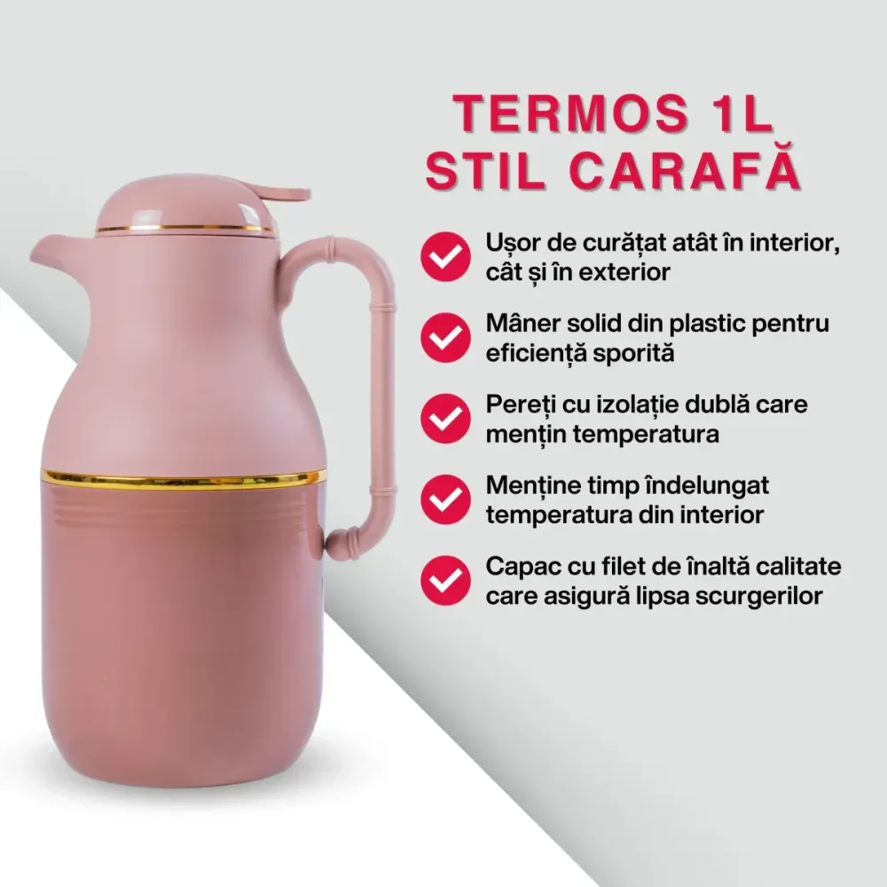 Termos, Naimeed D6427, pentru bauturi reci sau calde, Sticla si ABS, 1L, Maro, 130x280x160mm