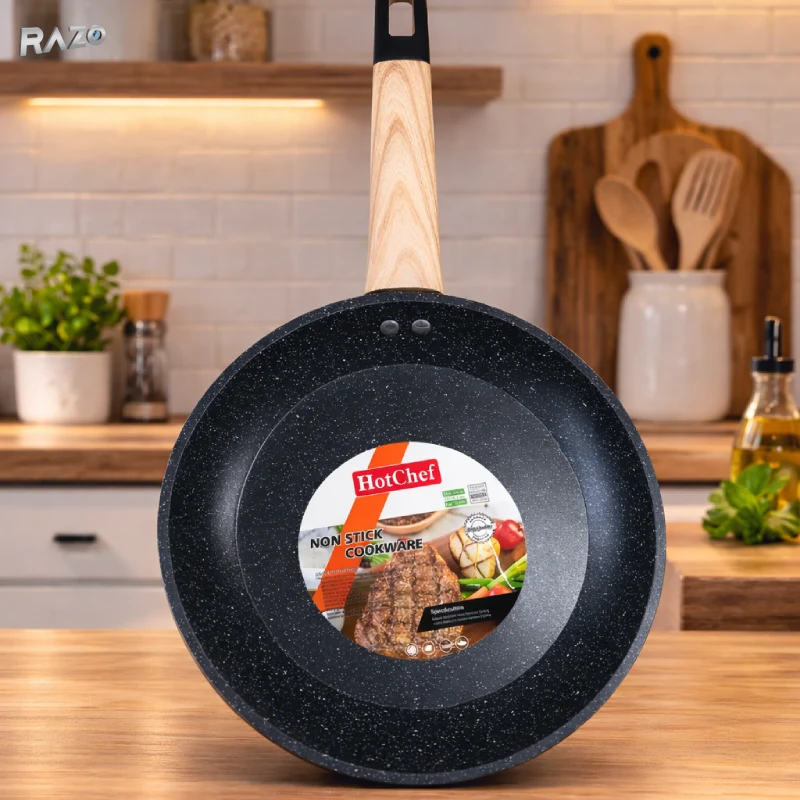 Tigaie antiaderenta RAZO, Strat marmura premium, Circumferinta 31 cm, Maner din lemn, Fara PFOA, Distributie uniforma cald...