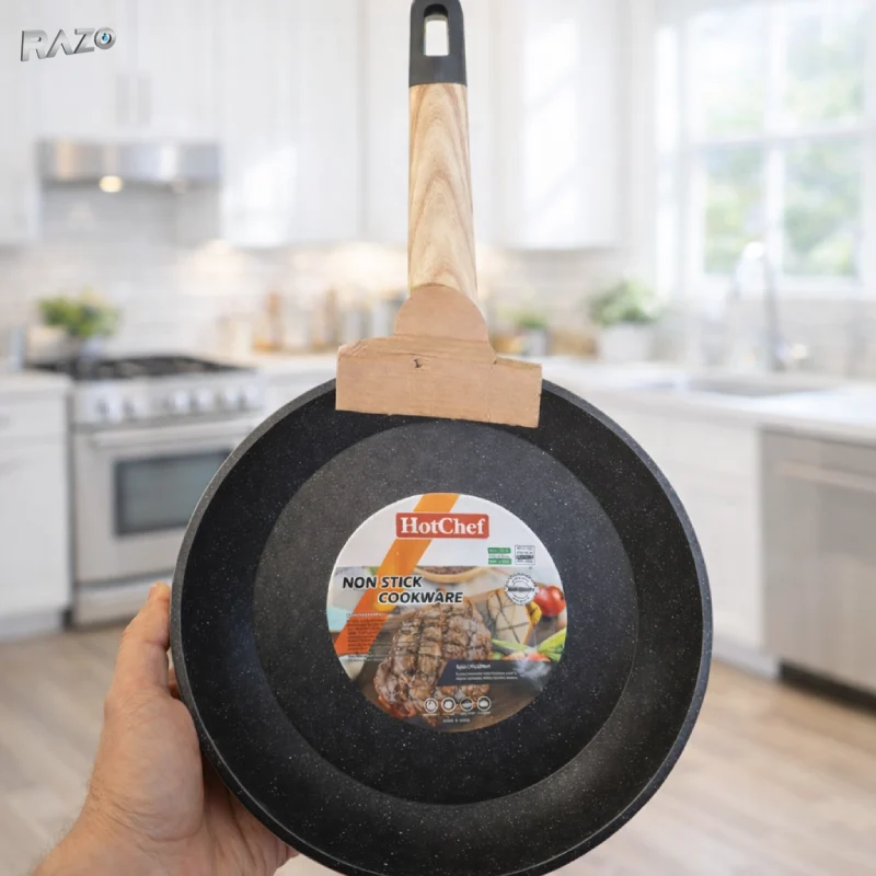 Tigaie antiaderenta RAZO, Strat marmura premium, Circumferinta 31 cm, Maner din lemn, Fara PFOA, Distributie uniforma cald...