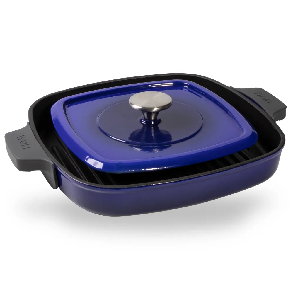 Tigaie grill din fonta, cu presa, albastra, 28x28 cm, Iron - WOLL