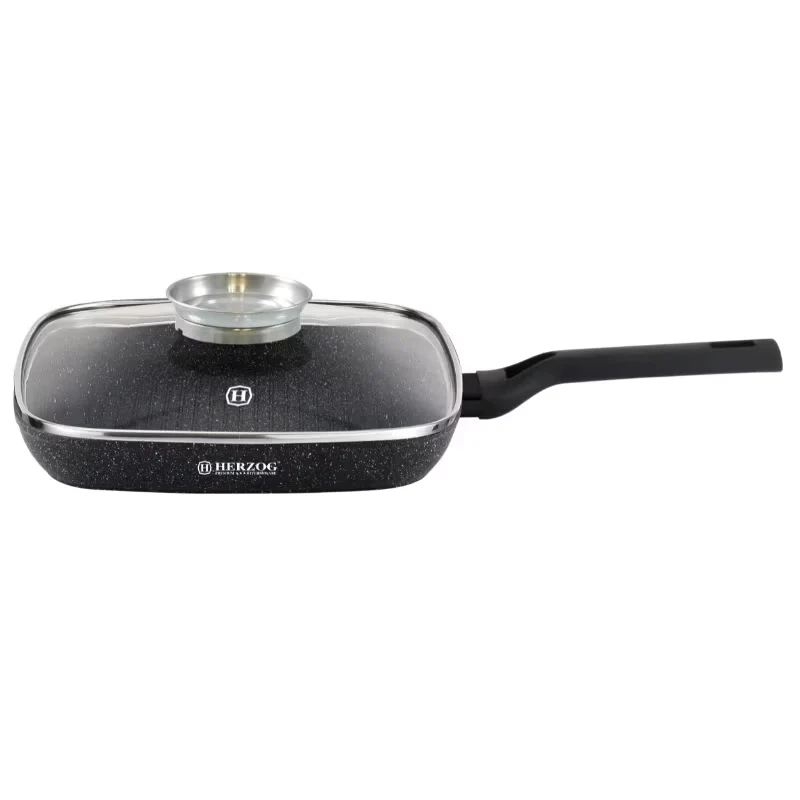 Tigaie Grill Herzberg HR-2613 – 28 cm | Acoperire cu marmură, capac cu buton pentru aromă, compatibilă cu inducție