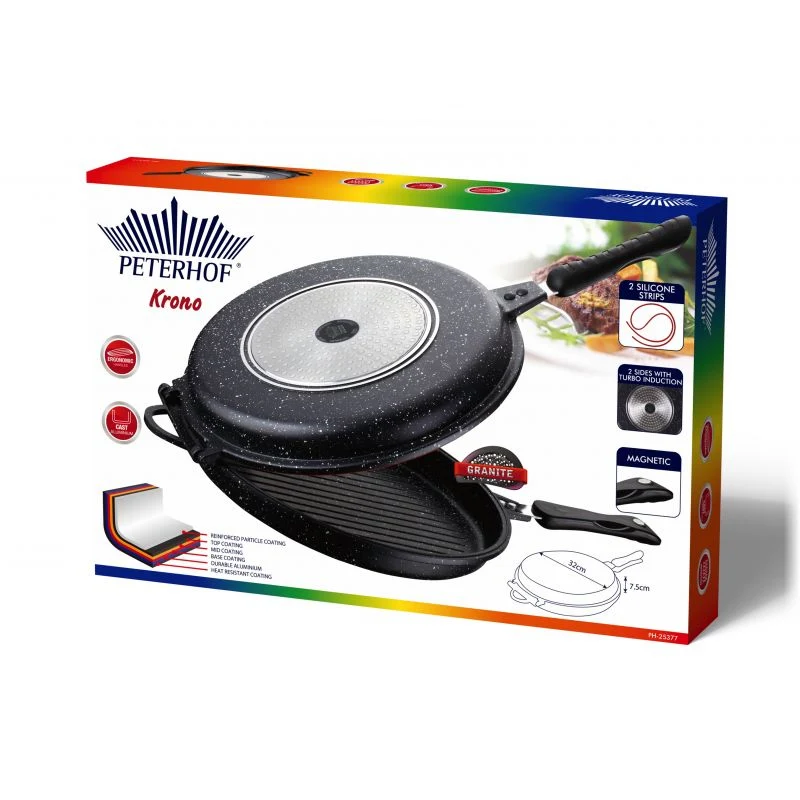 Tigaie Grill Rotunda Dublă din Aluminiu cu Granit, 32 x 7.5 cm, Mânere cu Magnet, Inducţie, Krono Peterhof PH-25377