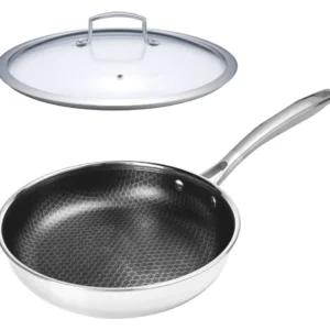 Tigaie hibridă antiaderentă – 28 cm (11”) din oțel inoxidabil triplu strat cu suprafață de gătit cu model circular + capac...