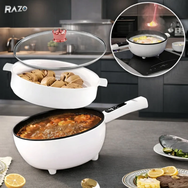 Tigaie multifunctionala electrica RAZO, Timer, Panou digital, 26 cm, Capacitate 2.5L, Gatire rapida fara aragaz, Strat ant...
