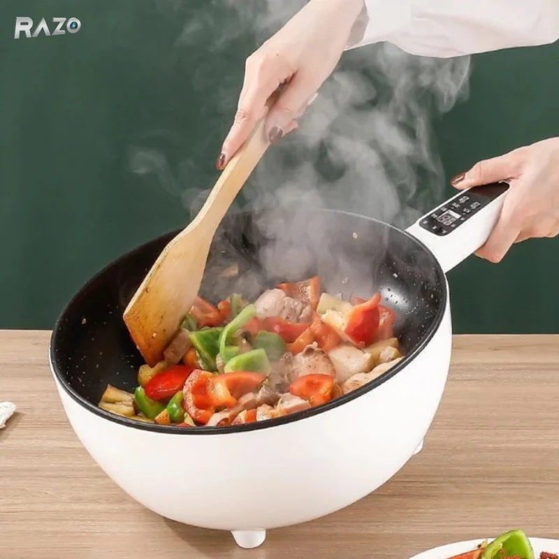 Tigaie multifunctionala electrica RAZO, Timer, Panou digital, 26 cm, Capacitate 2.5L, Gatire rapida fara aragaz, Strat ant...