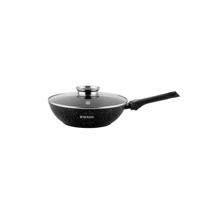 Tigaie Wok cu capac Herzog HR-2617 – 28 cm / 3.8 L | Acoperire cu marmură, buton pentru aromă, compatibilă cu inducție