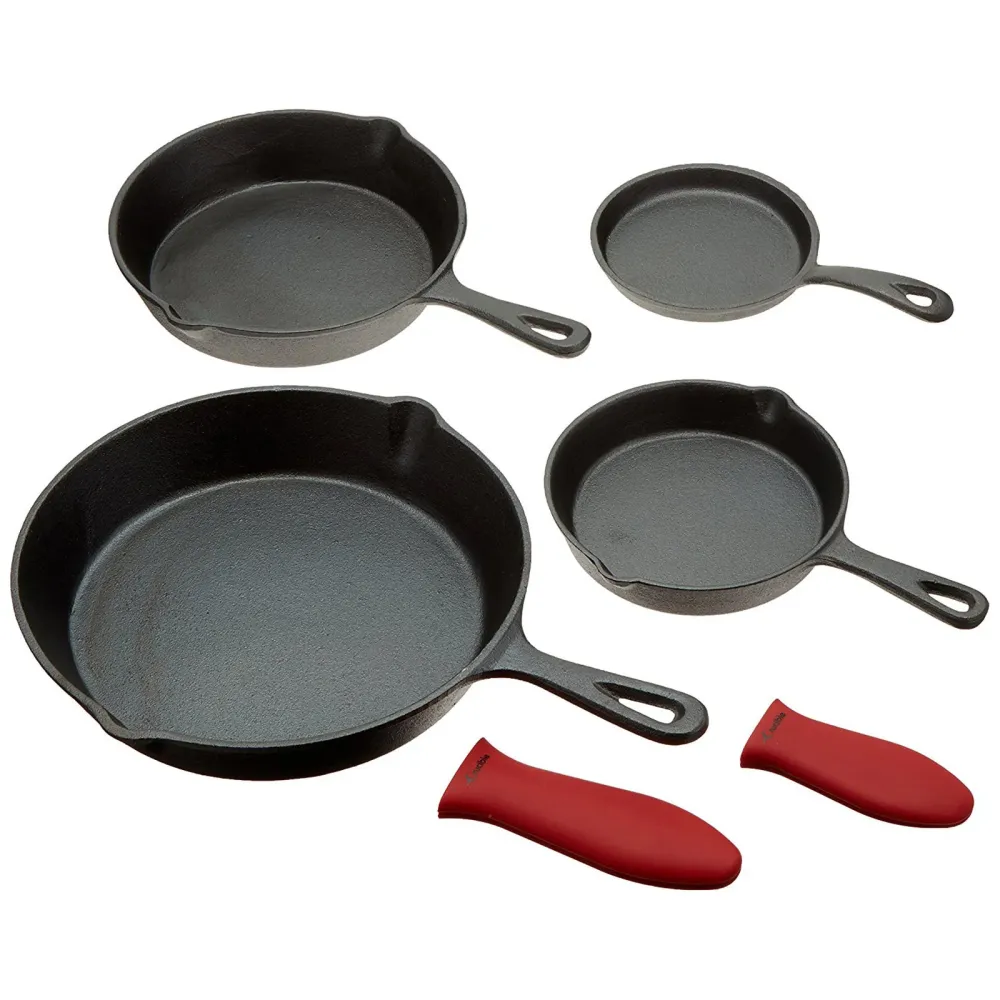 Tigăi din fontă, set de 4 tigăi de prăjit în dimensiuni diferite, 2 suporturi pentru vase din silicon