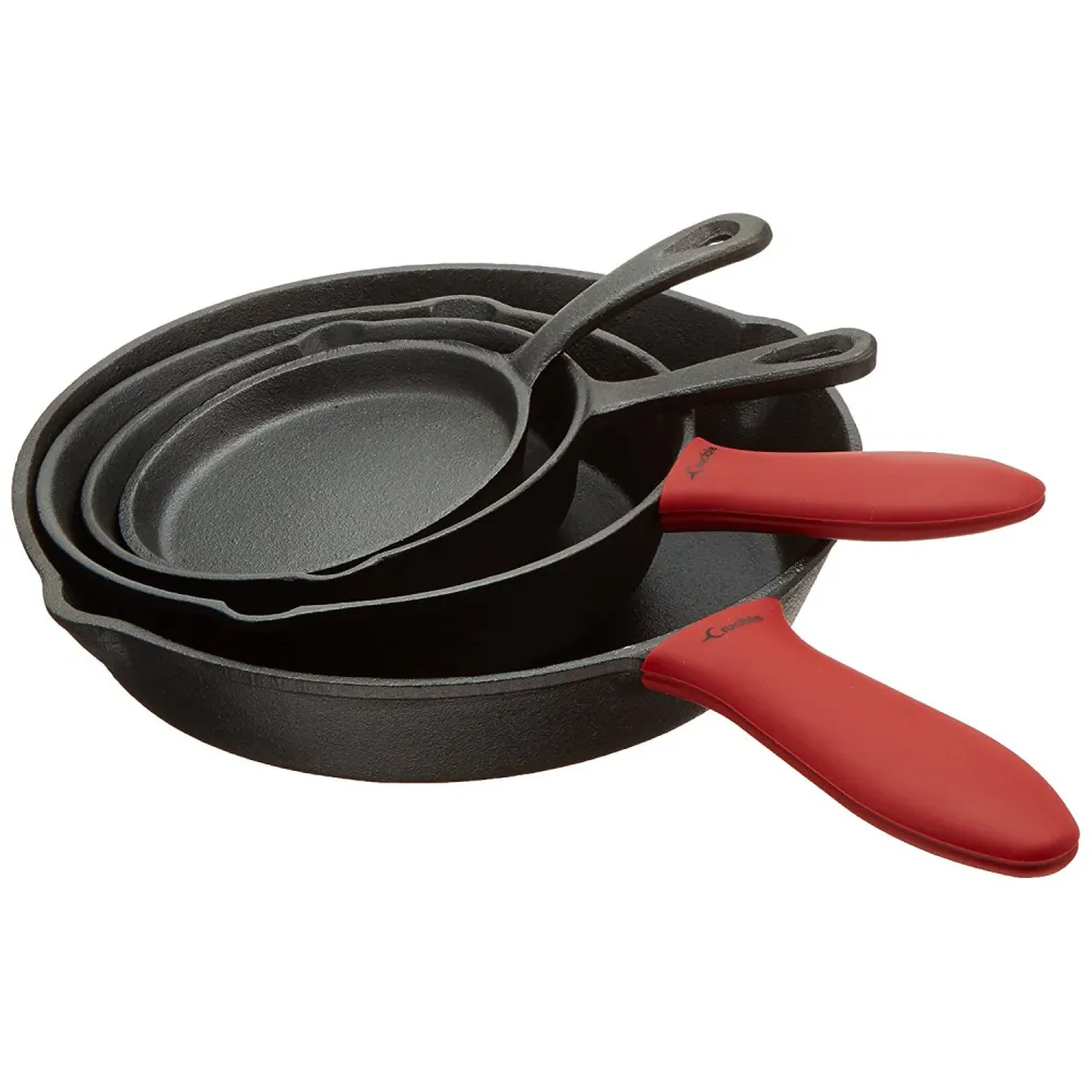 Tigăi din fontă, set de 4 tigăi de prăjit în dimensiuni diferite, 2 suporturi pentru vase din silicon