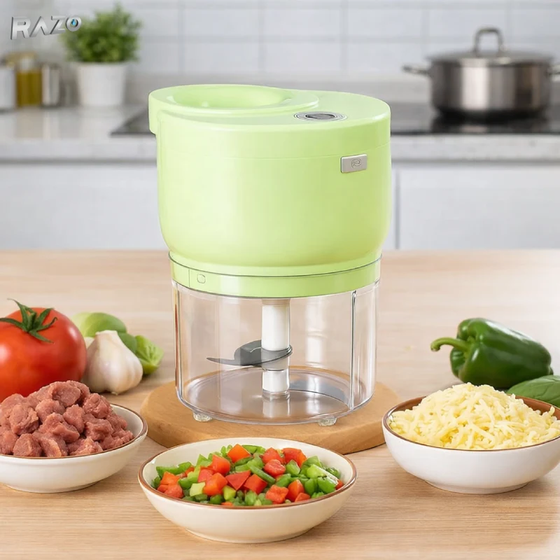 Tocator electric mini RAZO, 500 ml, Multifunctional, Reincarcabil fara fir, Lame inox pentru legume, fructe, nuci, ierburi...