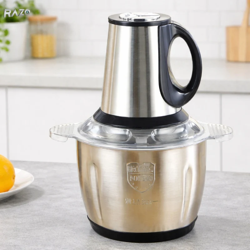 Tocator electric profesional RAZO, 1000W, Bol inox 3L, 4 lame inox, 2 niveluri, 3 viteze, Ideal pentru carne, legume, fruc...