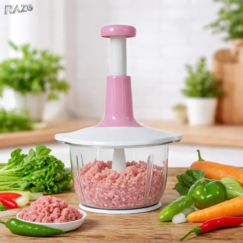 Tocator manual multifunctional 2L RAZO, Chopper legume, fructe, Sistem cu apasare, Lame inox, Usor de utilizat