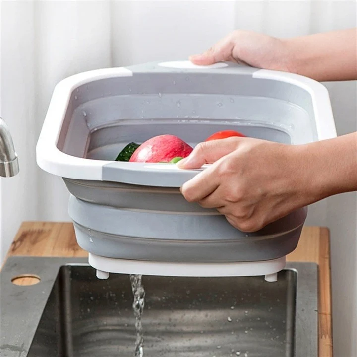 Tocator Multifunctional, Vivimall, 2 1, cu Cos pentru Spalat si Scurgere Alimente, 480 g, Pliabila, Gri