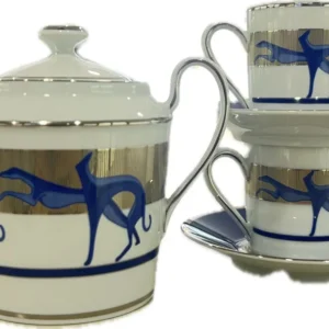 Trussardi set 2 cesti de cafea cu vas pentru zahar din portelan de Limoges, finisaj platinat LEVRIERI_BLU