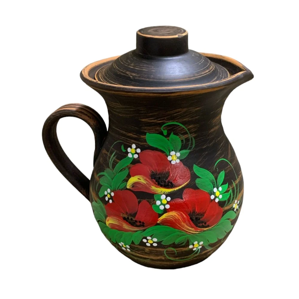 Ulcior cu capac, Angob, Lut rosu, Model Pictat Floral, Carafa 1.7 l
