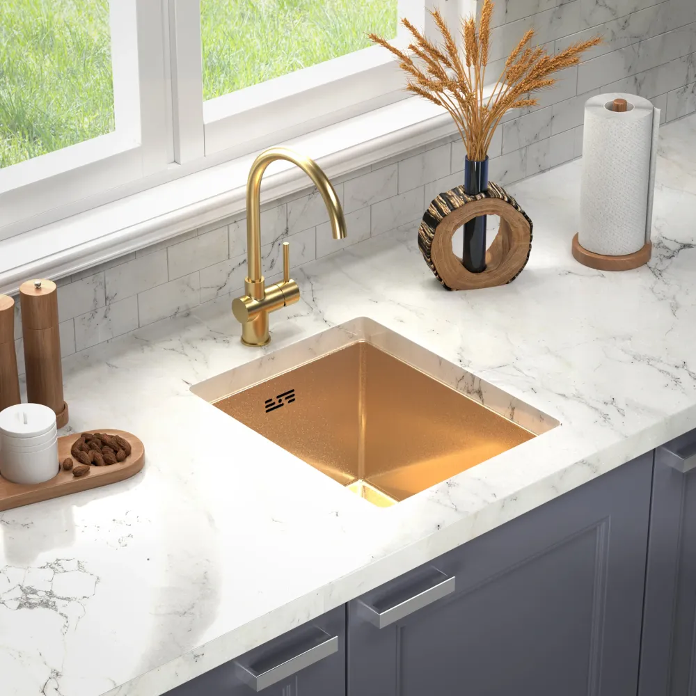 Unterbauspüle 37x45 cm – Goldfarbener Edelstahl, gebürstetes Satin-Finish, Komplettset