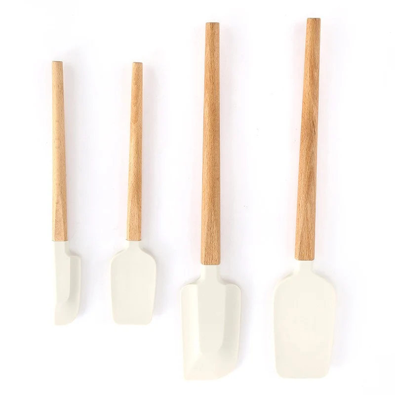 Ustensile de Bucatarie, Vivimall, Set din 4 bucati, din Silicon si Lemn, Spatule de Diferite Dimensiuni, Termo rezistente,...