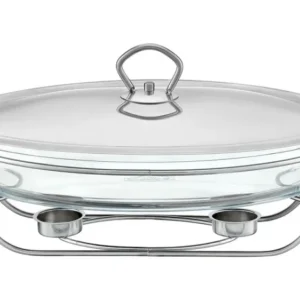 Vas de servit din Sticla cu Suport si Incalzitor Oval ,3 litri, Capac din Inox
