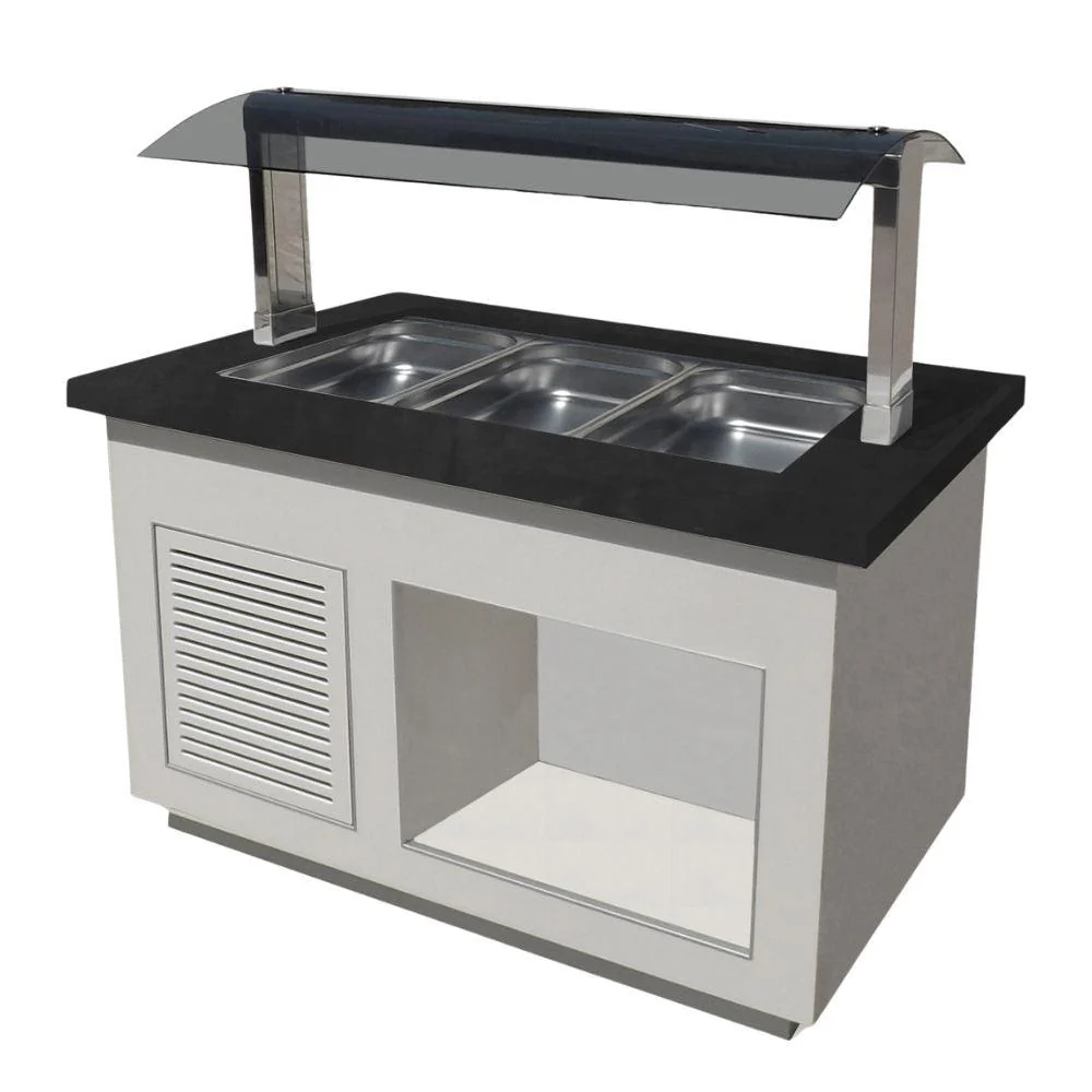 Bufet rece, 3 cuve GN 1/1, iluminare LED, alb, blat granit negru, cu roti.
