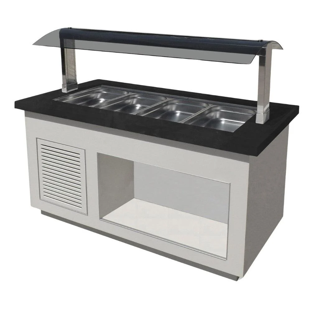 Bufet rece, 4 cuve GN 1/1, iluminare LED, alb, blat granit negru, cu roti.