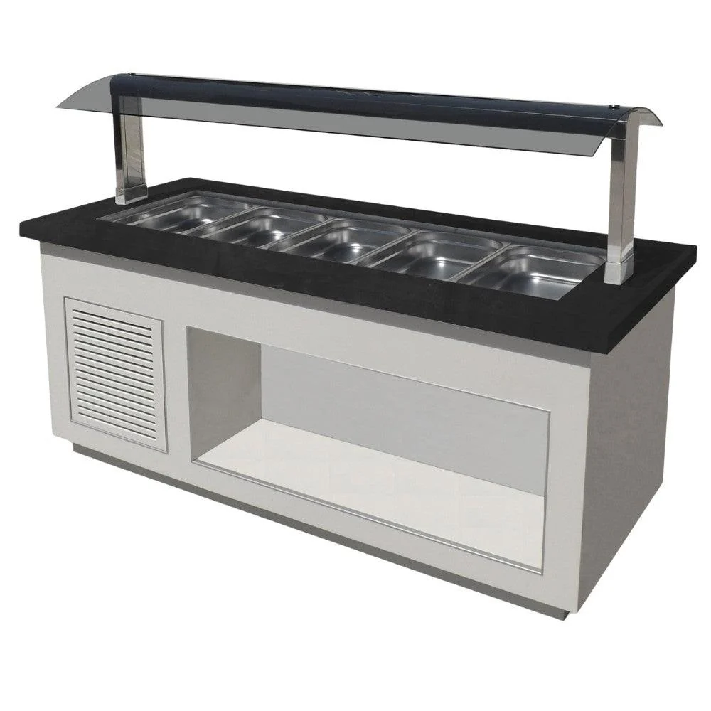 Bufet rece, 5 cuve GN 1/1, iluminare LED, alb, blat granit negru, cu roti.
