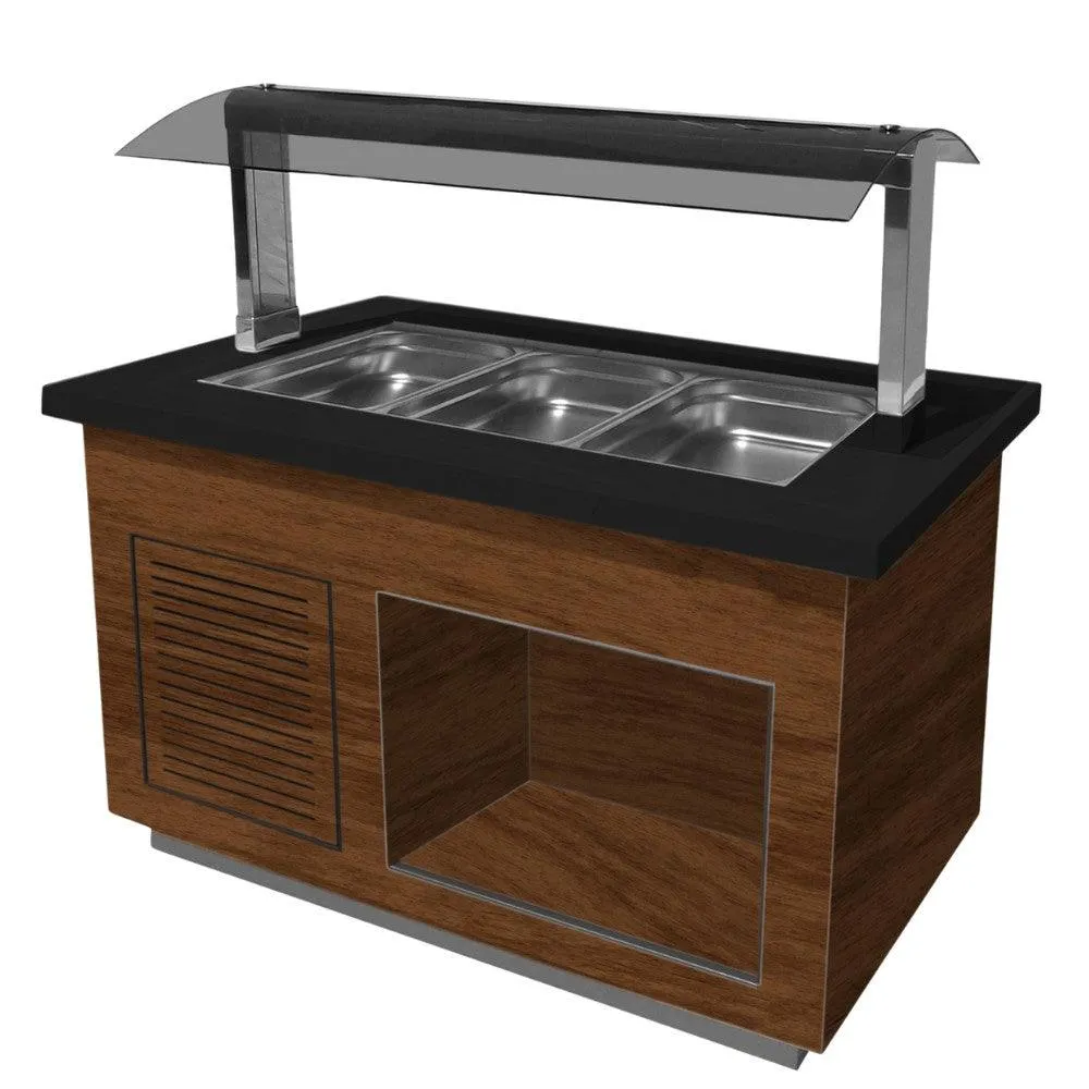 Bufet rece, 3 cuve GN 1/1, iluminare LED, nuc, blat granit negru, cu roti.