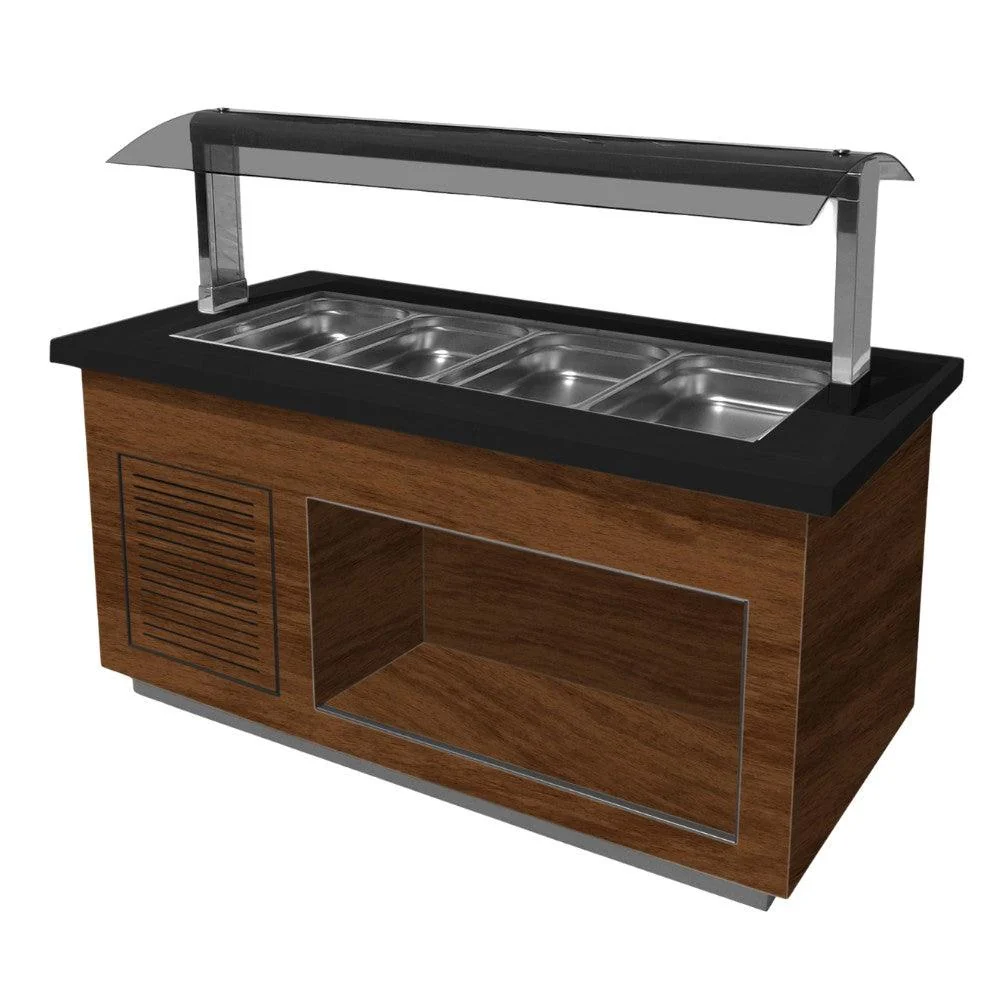 Bufet rece, 4 cuve GN 1/1, iluminare LED, nuc, blat granit negru, cu roti.