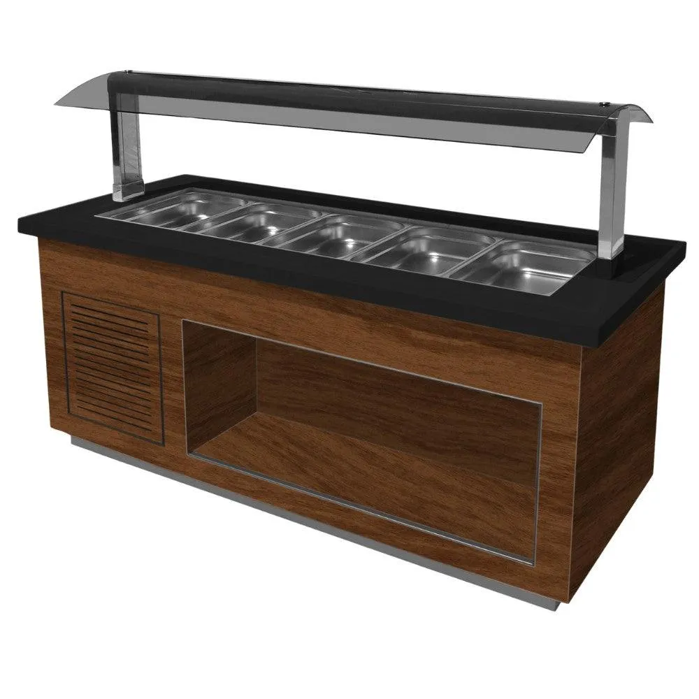 Bufet rece, 5 cuve GN 1/1, iluminare LED, nuc, blat granit negru, cu roti.