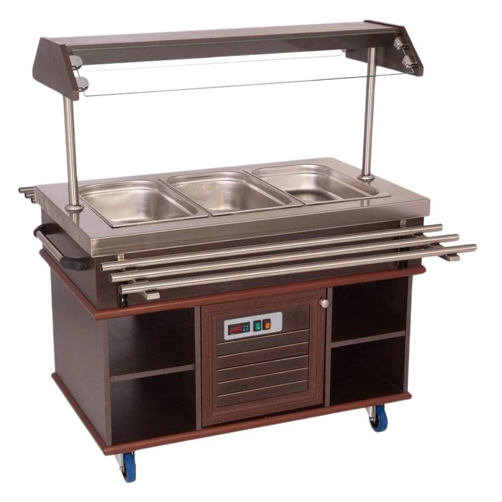 Bufet rece, 3 cuve GN 1/1, iluminare LED, nuc, cu roti.