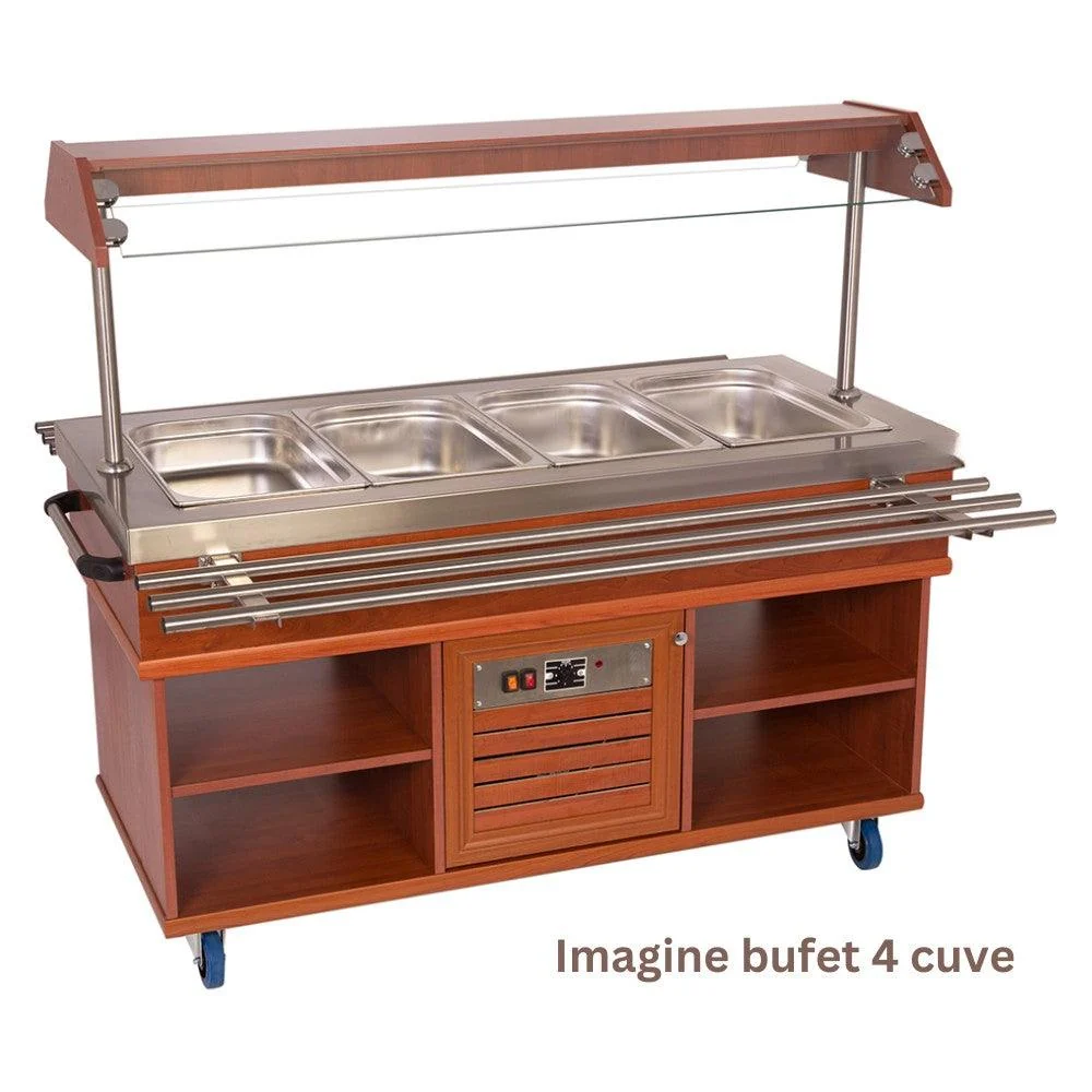 Bufet rece, 5 cuve GN 1/1, iluminare LED, nuc, cu roti.