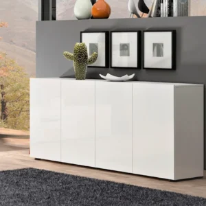 Comodă Mister alb lucios cu 4 usi design minimalist, 180 cm lățime